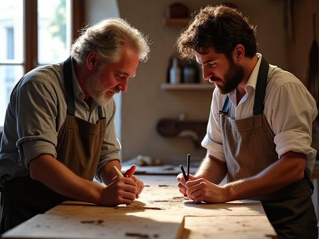 Artigiani di Modulo Design al lavoro nel loro workshop di Firenze, mettendo in mostra l'artigianato italiano.